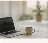 Laptop and coffee in a quiet setting, placeholder for online sessions